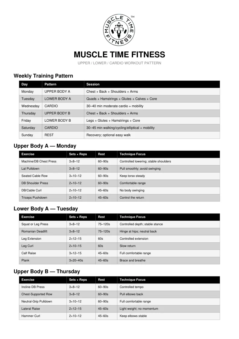 First page of the Upper / Lower / Cardio Workout Plan PDF