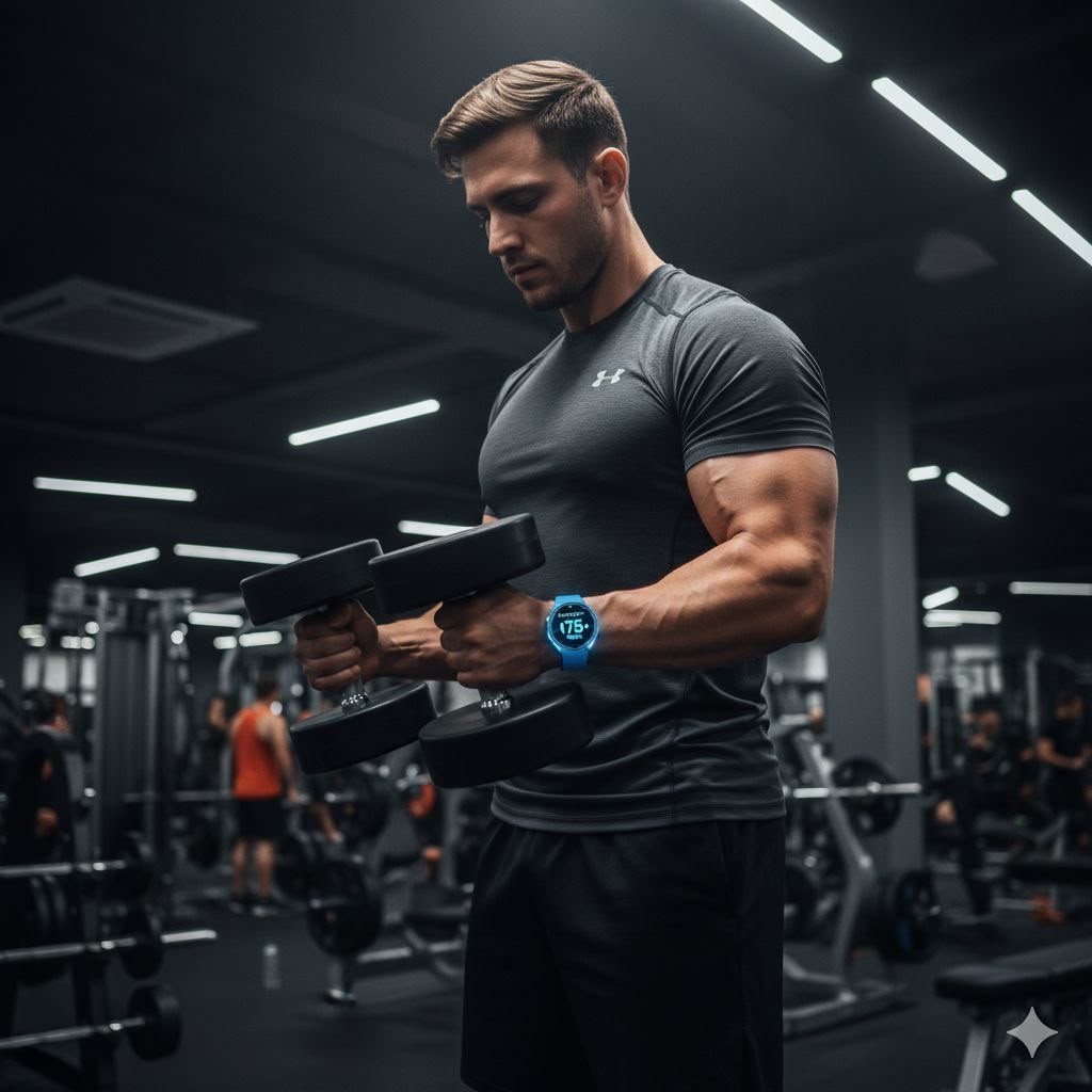 Dumbbell curls on the gym floor